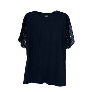 Black Iridescent Sequin Short Sleeve Top Drop Shoulder Womens Size S Wild Fable